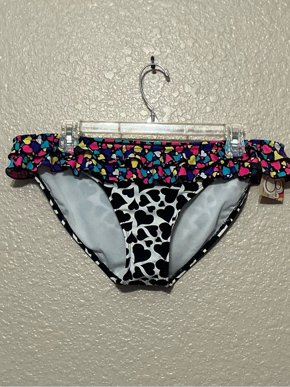 OP Black & White Heart Bikini Bottom with Multicolored Hearts Ruffle Trim